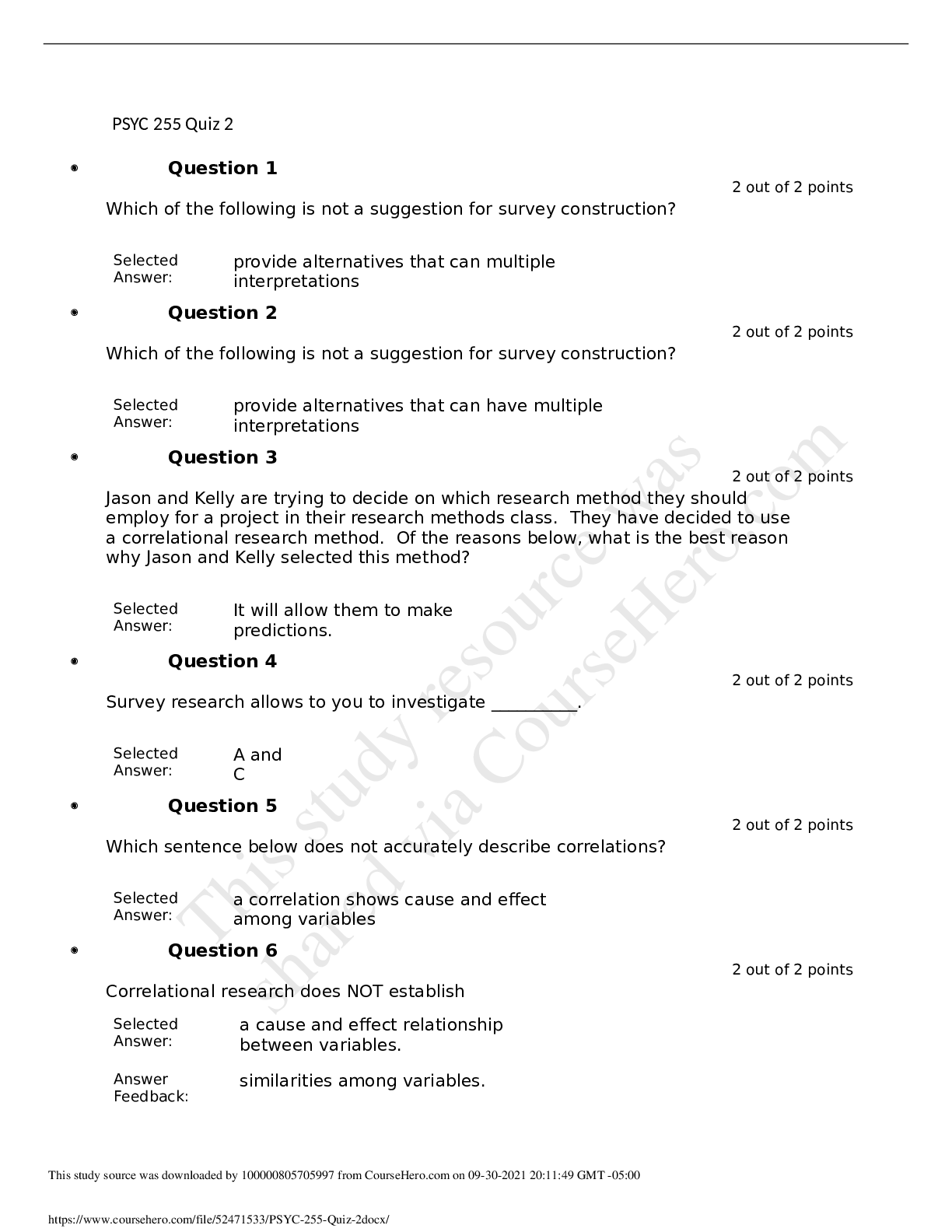 Preview image of Psyc 255 quiz document